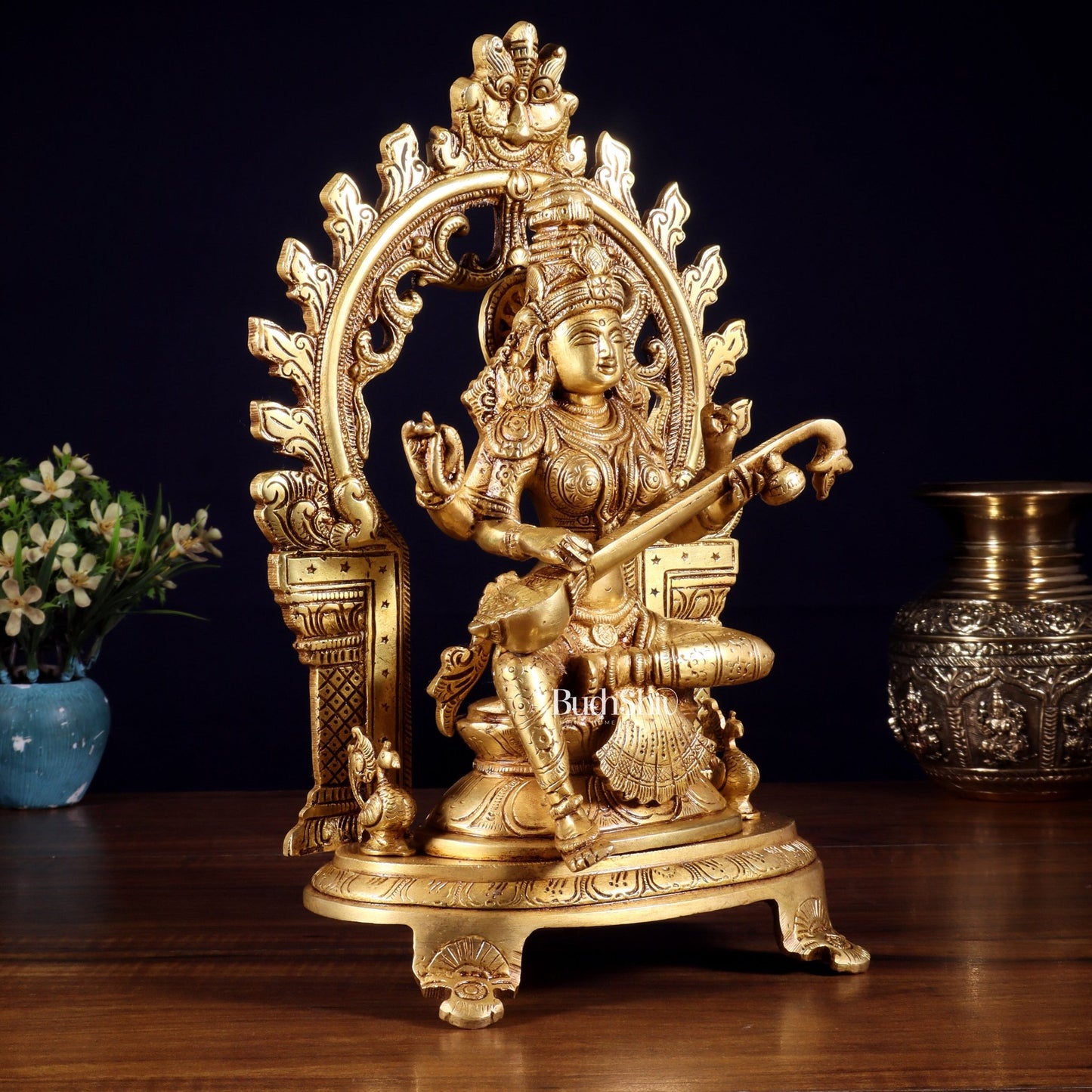 Pure Brass Goddess Saraswati Idol with Prabhavali | 12 Inch - Budhshiv.com