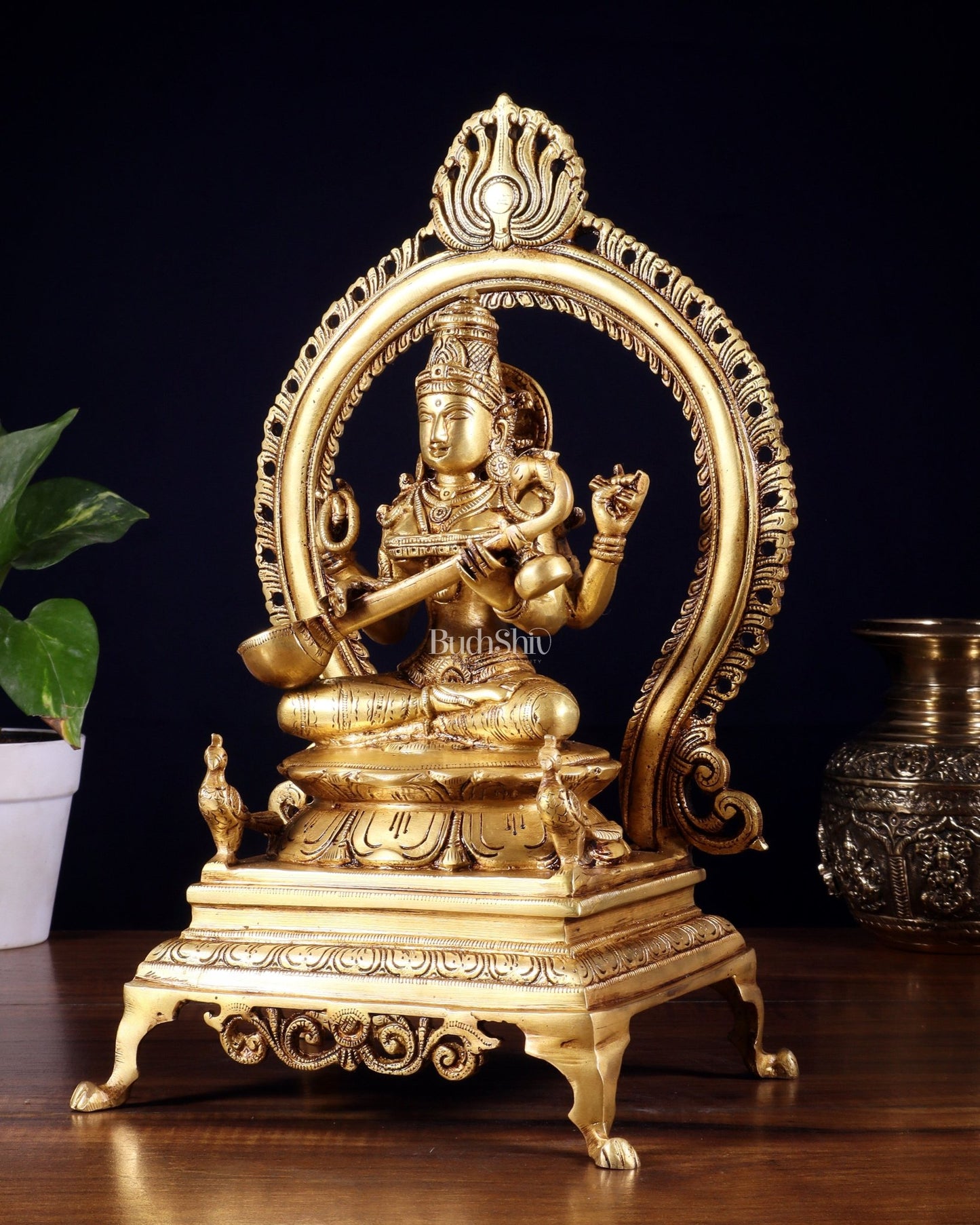 Pure Brass Goddess Saraswati Idol with Prabhavali | 13 Inch - Budhshiv.com