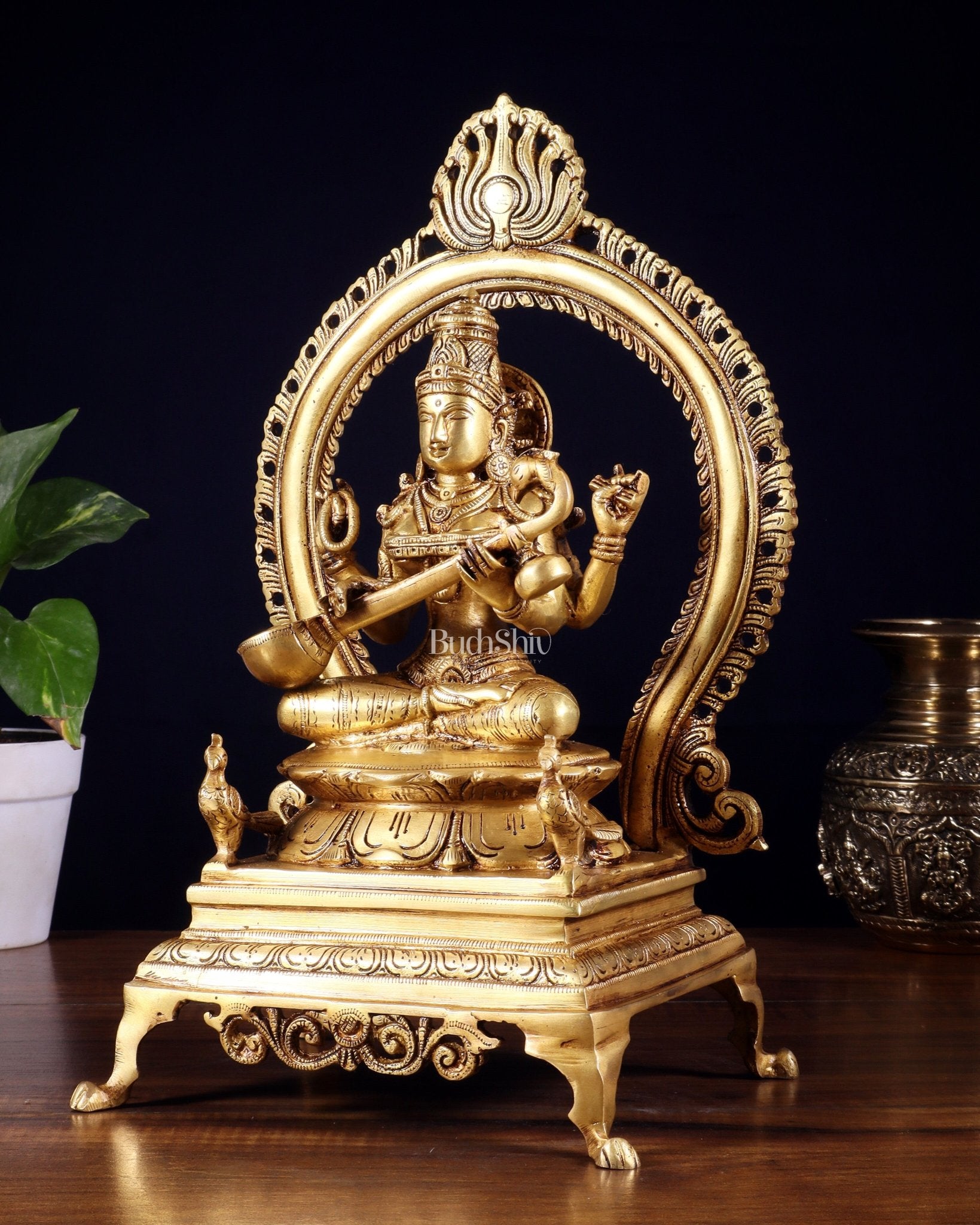 Pure Brass Goddess Saraswati Idol with Prabhavali | 13 Inch - Budhshiv.com