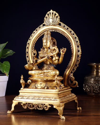 Pure Brass Goddess Saraswati Idol with Prabhavali | 13 Inch - Budhshiv.com