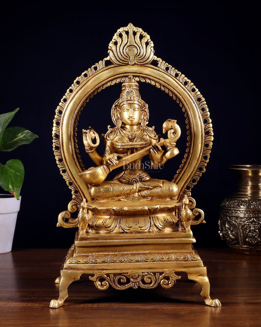 Pure Brass Goddess Saraswati Idol with Prabhavali | 13 Inch - Budhshiv.com