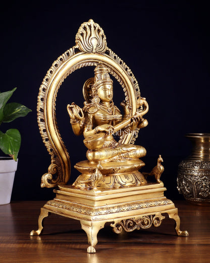 Pure Brass Goddess Saraswati Idol with Prabhavali | 13 Inch - Budhshiv.com