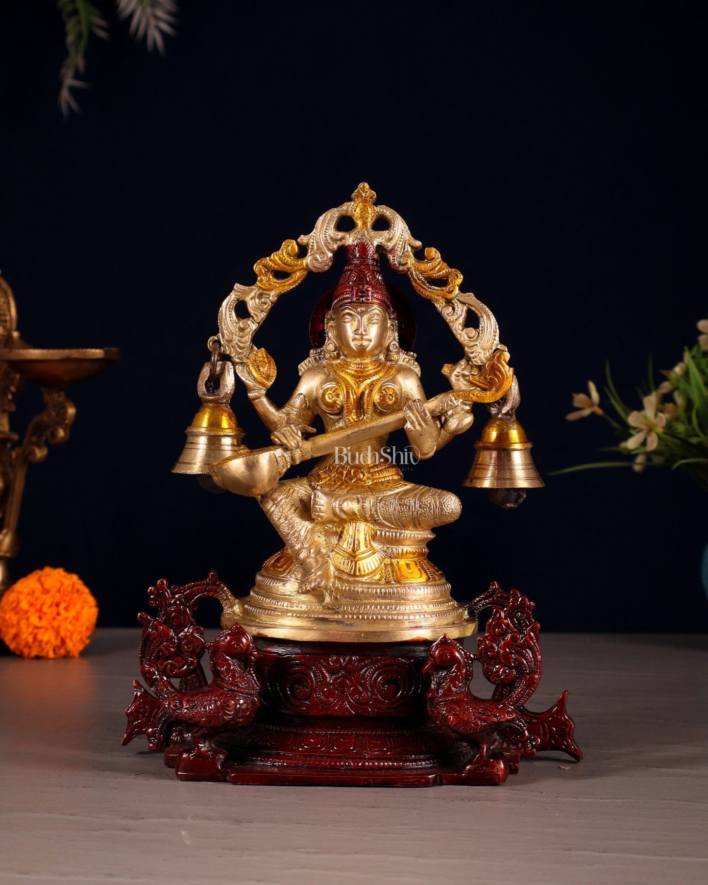Pure Brass Goddess Saraswati Idol with Prabhavali, Peacock Vahan & Hanging Bells 8" - Budhshiv.com