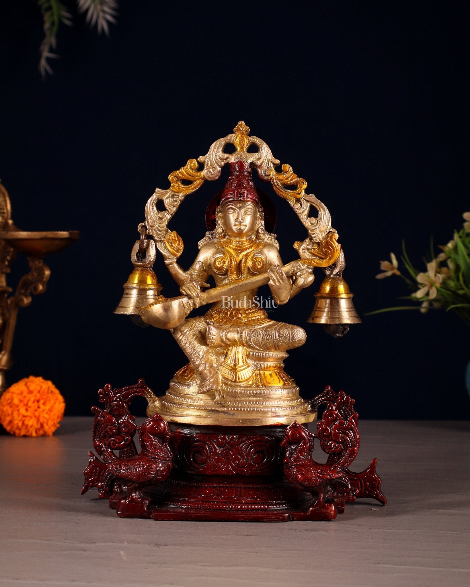 Pure Brass Goddess Saraswati Idol with Prabhavali, Peacock Vahan & Hanging Bells 8" - Budhshiv.com