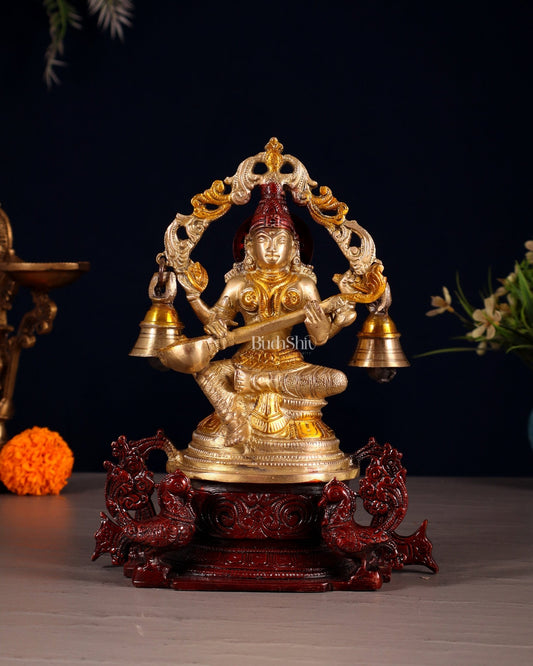 Pure Brass Goddess Saraswati Idol with Prabhavali, Peacock Vahan & Hanging Bells 8" - Budhshiv.com