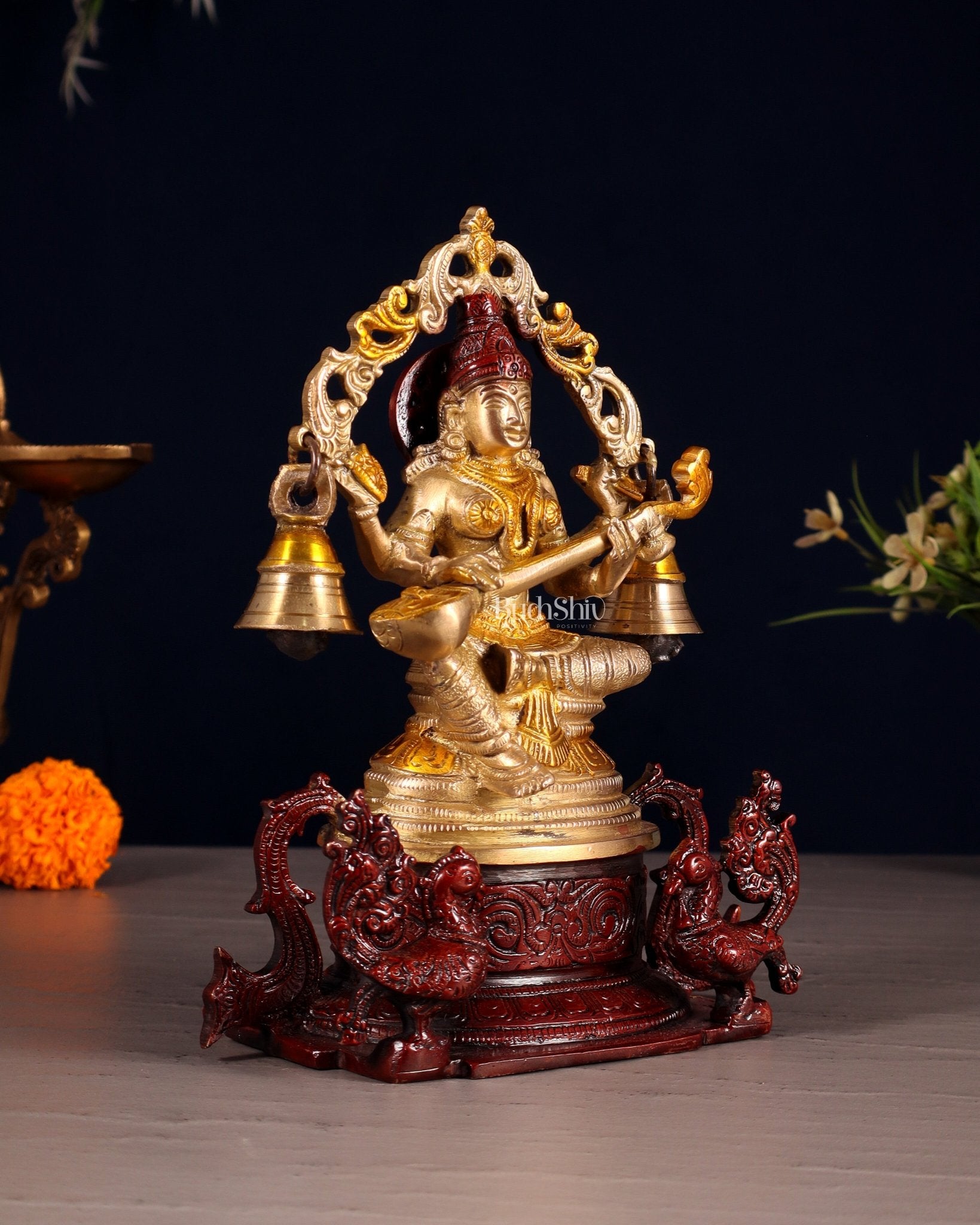 Pure Brass Goddess Saraswati Idol with Prabhavali, Peacock Vahan & Hanging Bells 8" - Budhshiv.com