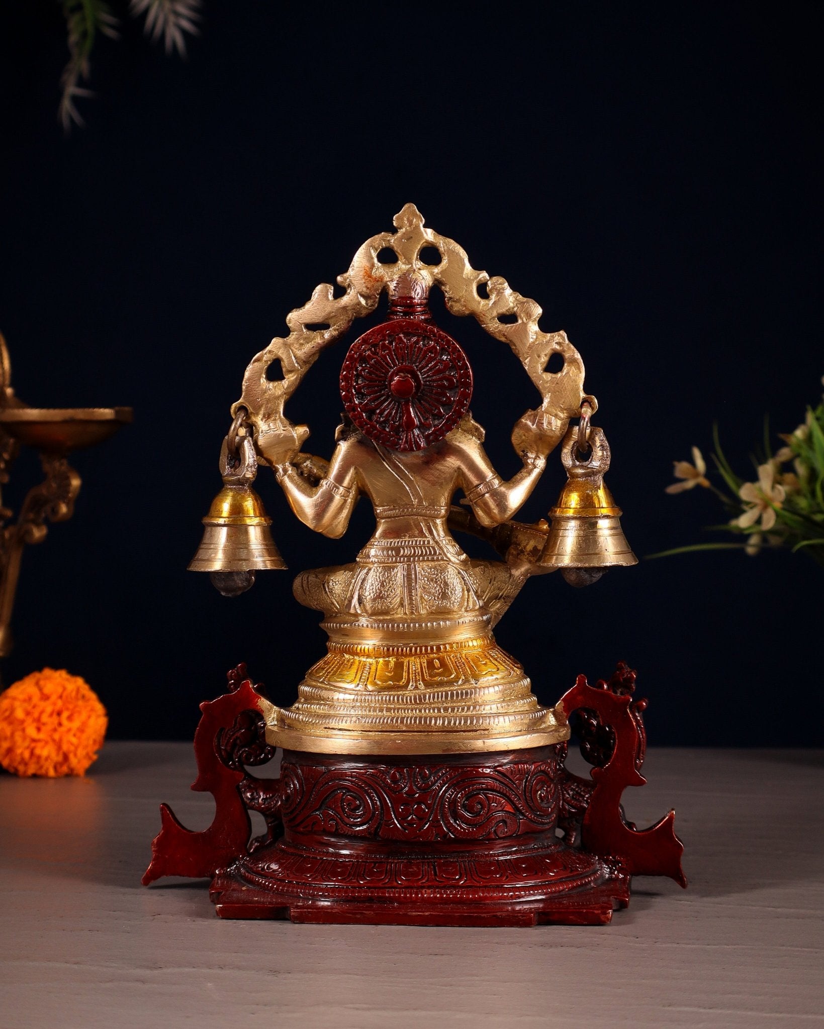 Pure Brass Goddess Saraswati Idol with Prabhavali, Peacock Vahan & Hanging Bells 8" - Budhshiv.com