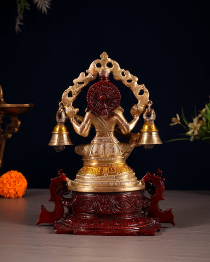 Pure Brass Goddess Saraswati Idol with Prabhavali, Peacock Vahan & Hanging Bells 8" - Budhshiv.com