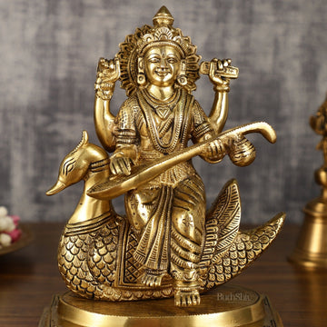 Pure Brass Goddess Saraswati Sitting on Swan Idol | 9 Inch Height | 4 KG - Budhshiv.com