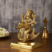 Pure Brass Goddess Saraswati Sitting on Swan Idol | 9 Inch Height | 4 KG - Budhshiv.com