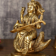 Pure Brass Goddess Saraswati Sitting on Swan Idol | 9 Inch Height | 4 KG - Budhshiv.com