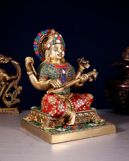 Pure Brass Goddess Saraswati Statue 12 Inch multicolour - Budhshiv.com
