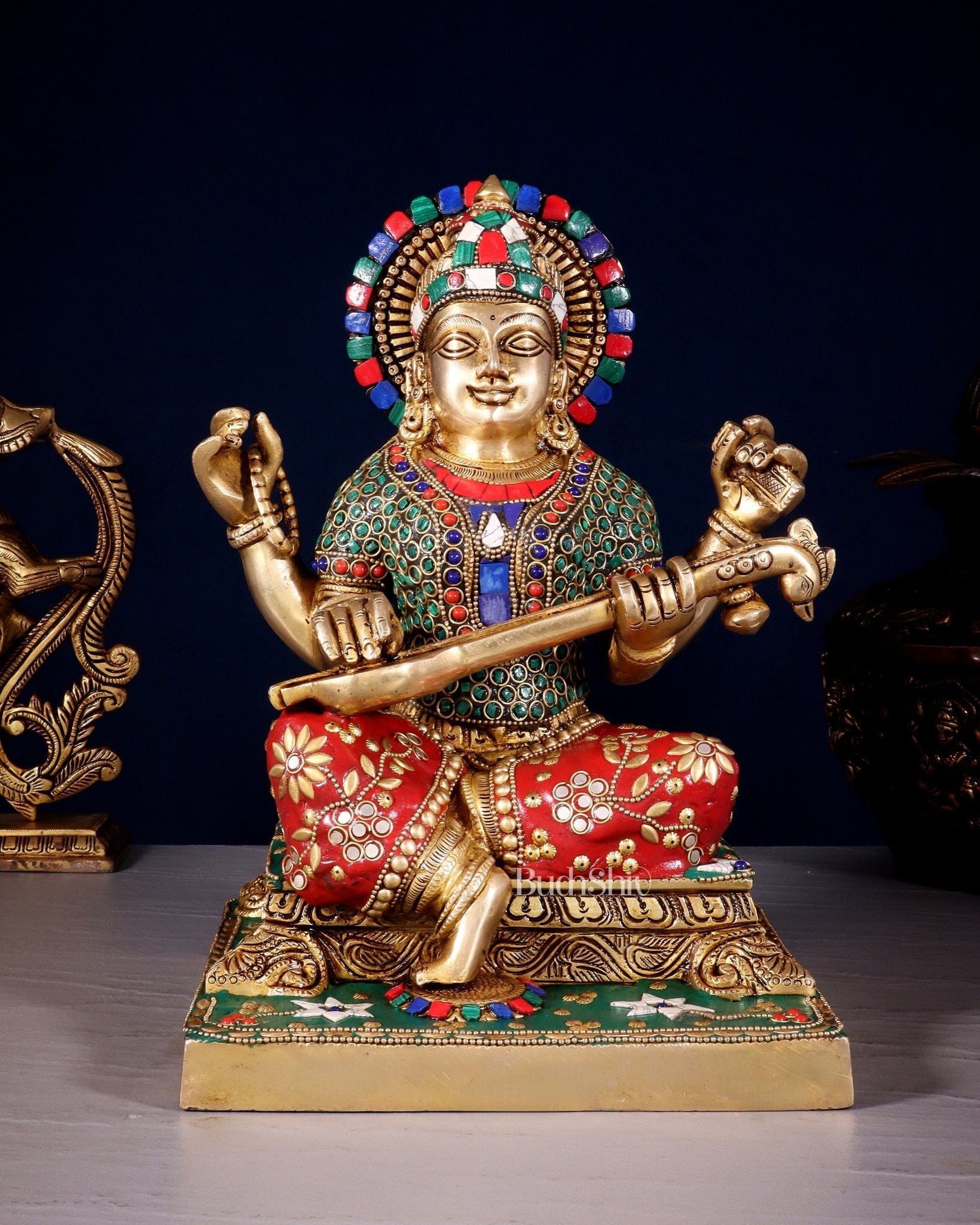Pure Brass Goddess Saraswati Statue 12 Inch multicolour - Budhshiv.com