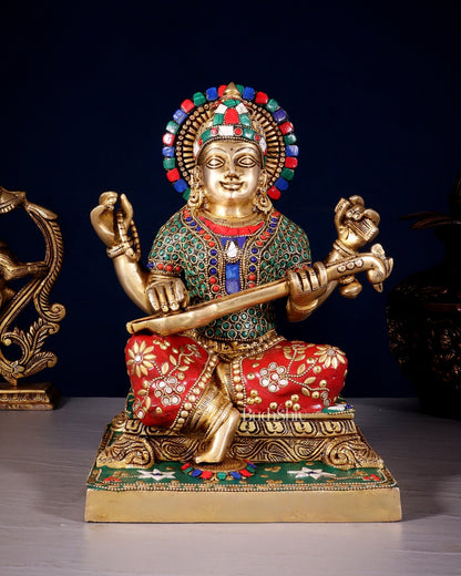 Pure Brass Goddess Saraswati Statue 12 Inch multicolour - Budhshiv.com