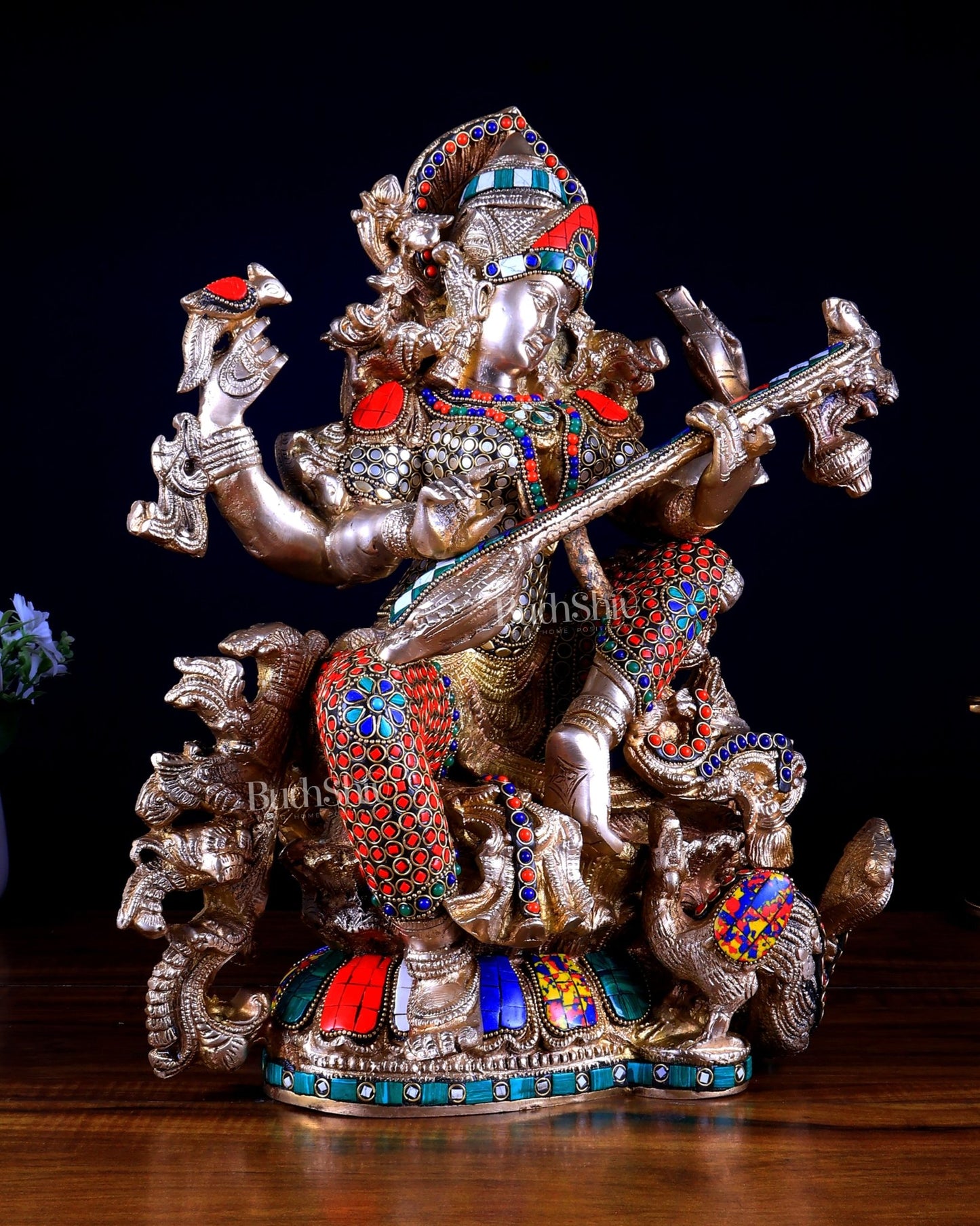 Pure Brass Goddess Saraswati – Unique Design with Stonework (16 Inches) - Budhshiv.com