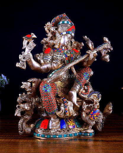 Pure Brass Goddess Saraswati – Unique Design with Stonework (16 Inches) - Budhshiv.com