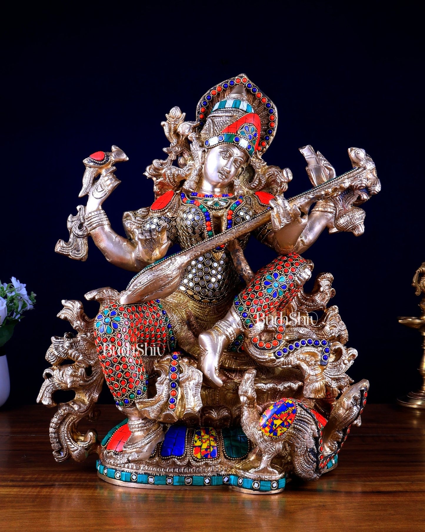 Pure Brass Goddess Saraswati – Unique Design with Stonework (16 Inches) - Budhshiv.com