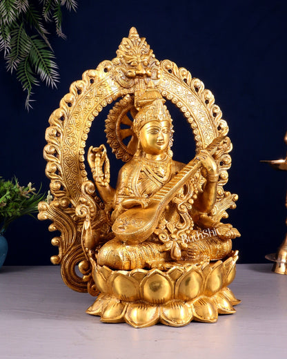 Pure Brass Goddess Saraswati with Prabhavali Arch Statue - 15" - Budhshiv.com