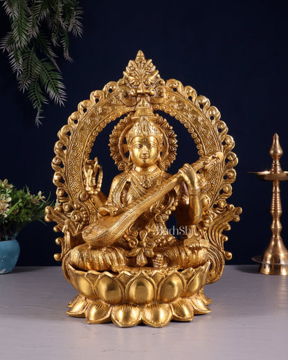 Pure Brass Goddess Saraswati with Prabhavali Arch Statue - 15" - Budhshiv.com