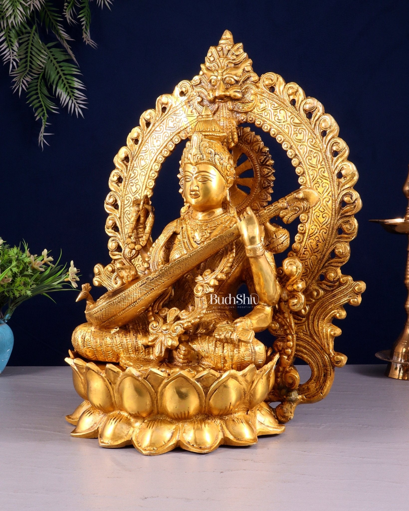 Pure Brass Goddess Saraswati with Prabhavali Arch Statue - 15" - Budhshiv.com