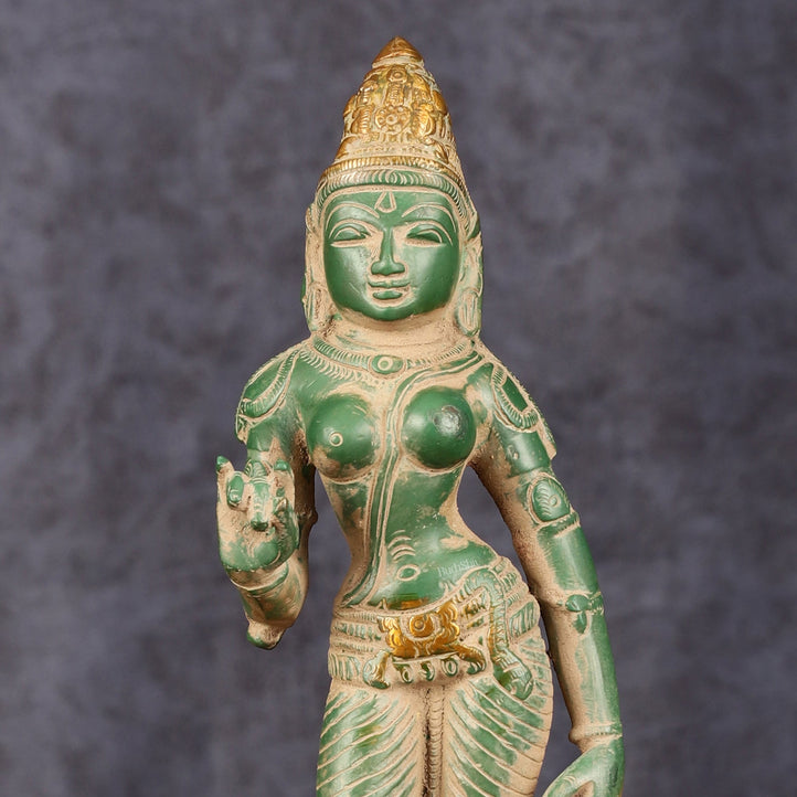 Pure Brass Goddess Uma Parvati Standing Idol in Green Antique Patina Finish - 10" Tall - Budhshiv.com