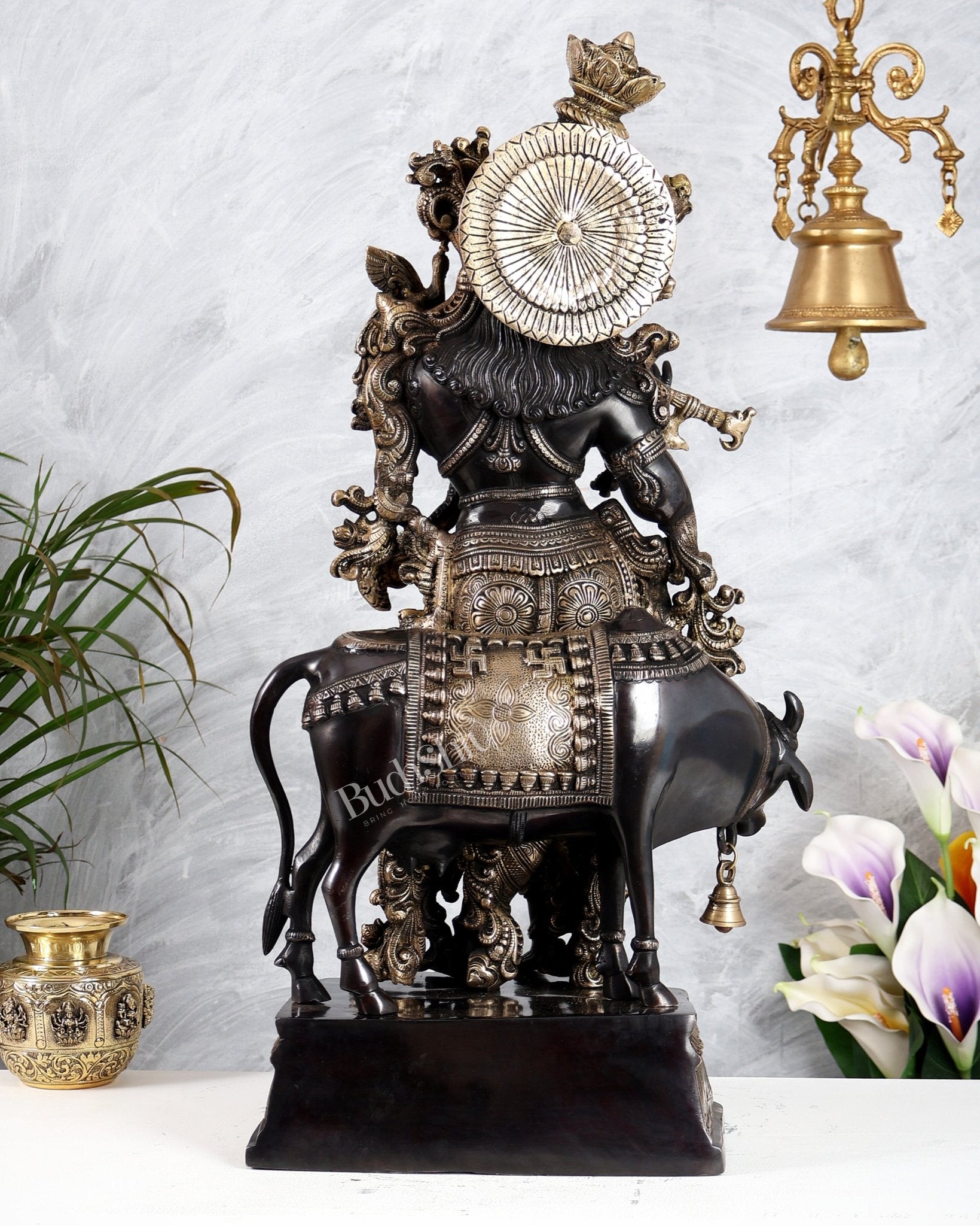 Pure Brass Gopal Krishna with cow large idol Black edition 27" - Budhshiv.com