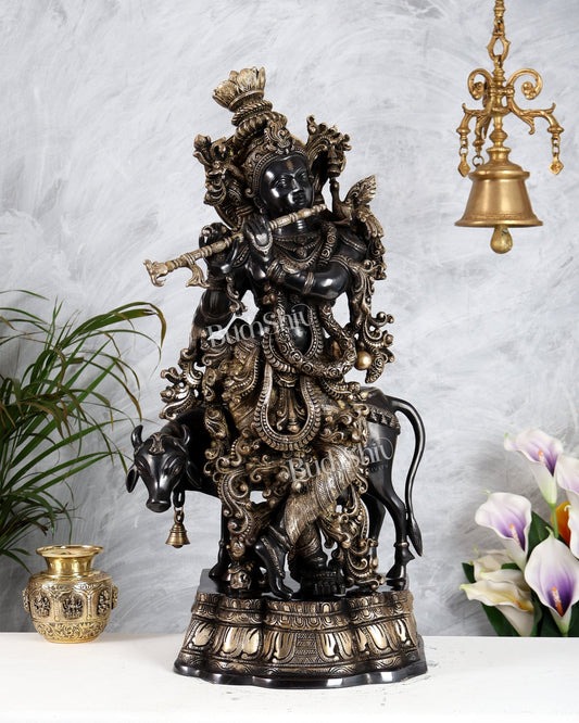 Pure Brass Gopal Krishna with cow large idol Black edition 27" - Budhshiv.com