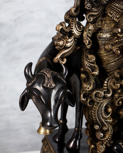 Pure Brass Gopal Krishna with cow large idol Black edition 27" - Budhshiv.com