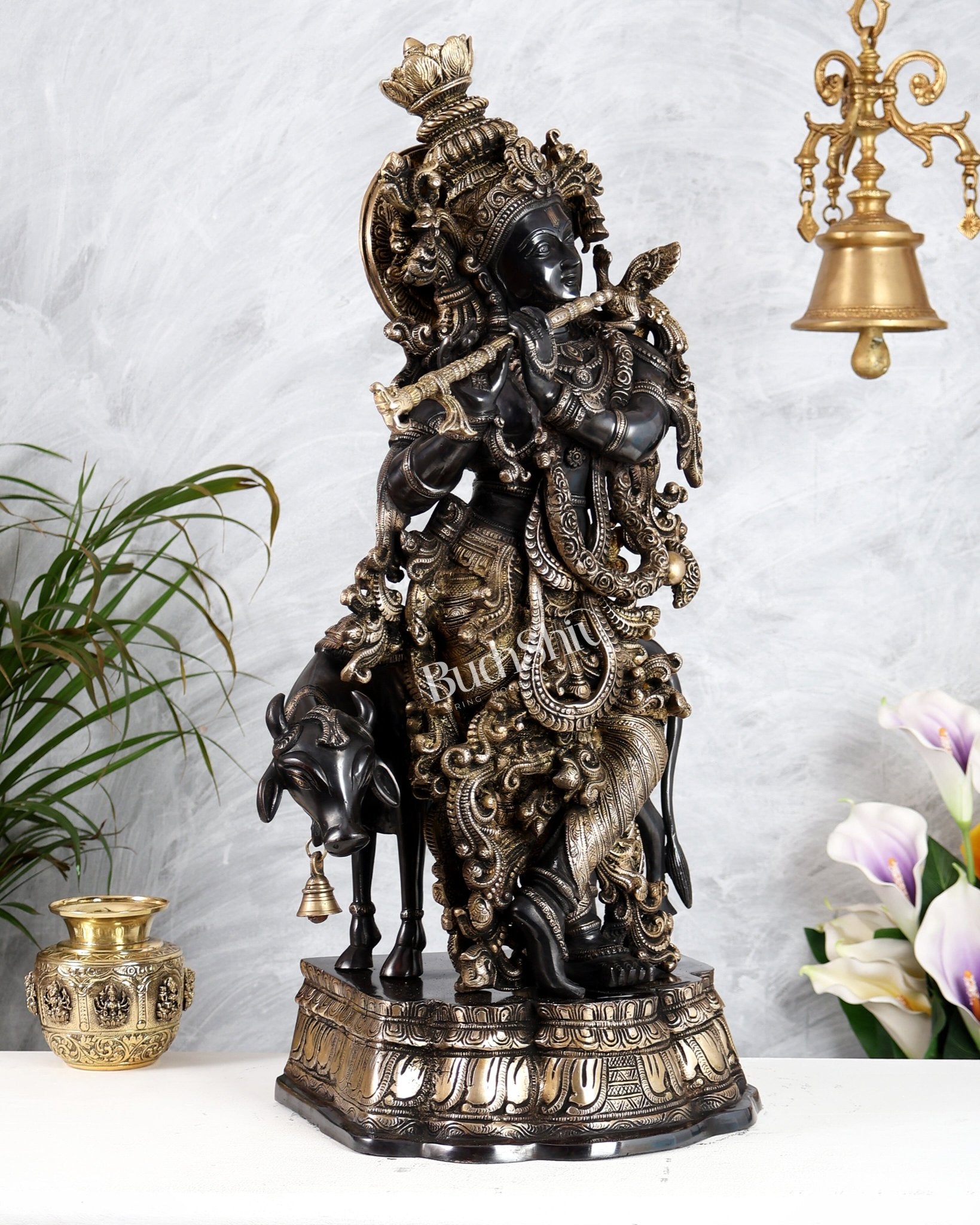 Pure Brass Gopal Krishna with cow large idol Black edition 27" - Budhshiv.com
