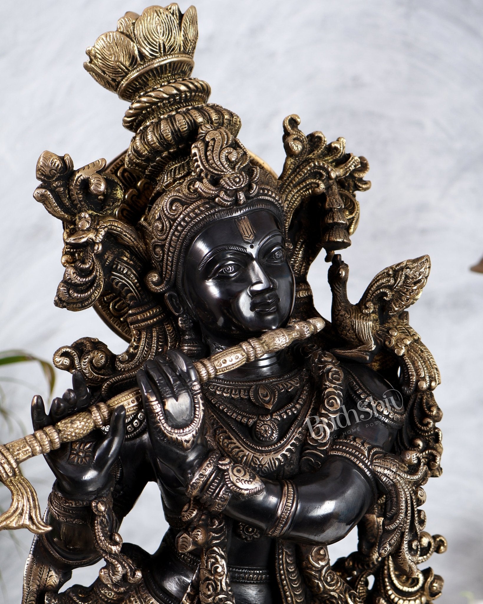 Pure Brass Gopal Krishna with cow large idol Black edition 27" - Budhshiv.com