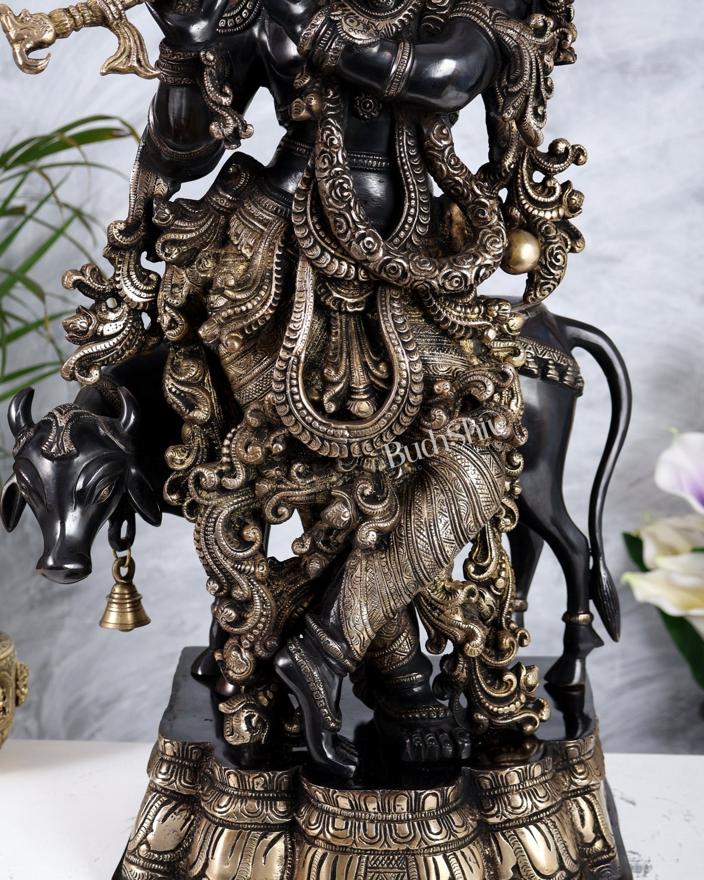 Pure Brass Gopal Krishna with cow large idol Black edition 27" - Budhshiv.com
