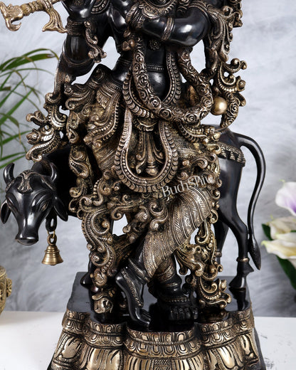 Pure Brass Gopal Krishna with cow large idol Black edition 27" - Budhshiv.com