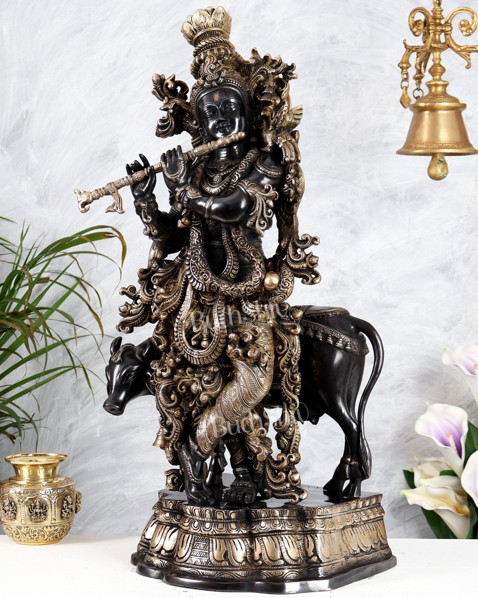 Pure Brass Gopal Krishna with cow large idol Black edition 27" - Budhshiv.com