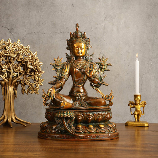 Pure Brass Green Tara Devi Statue - Nepali Orange Finish, 13" Height - Budhshiv.com