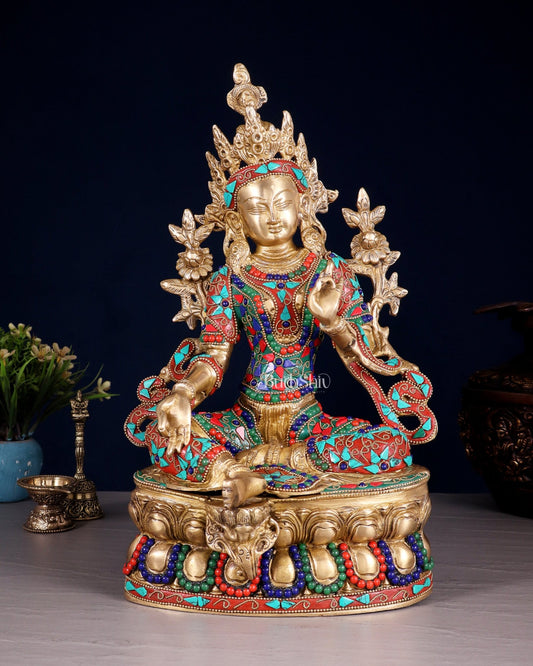 Pure Brass Green Tara Statue | 14" floral stonework - Budhshiv.com