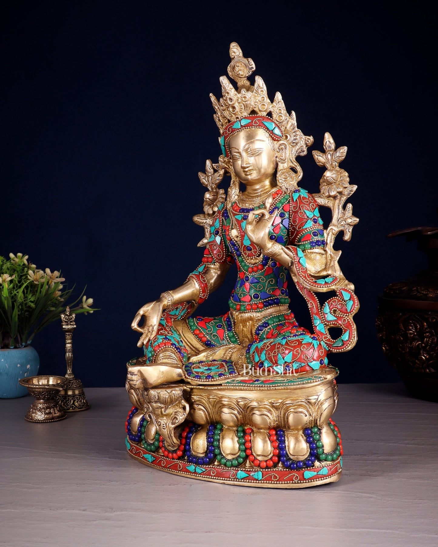 Pure Brass Green Tara Statue | 14" floral stonework - Budhshiv.com