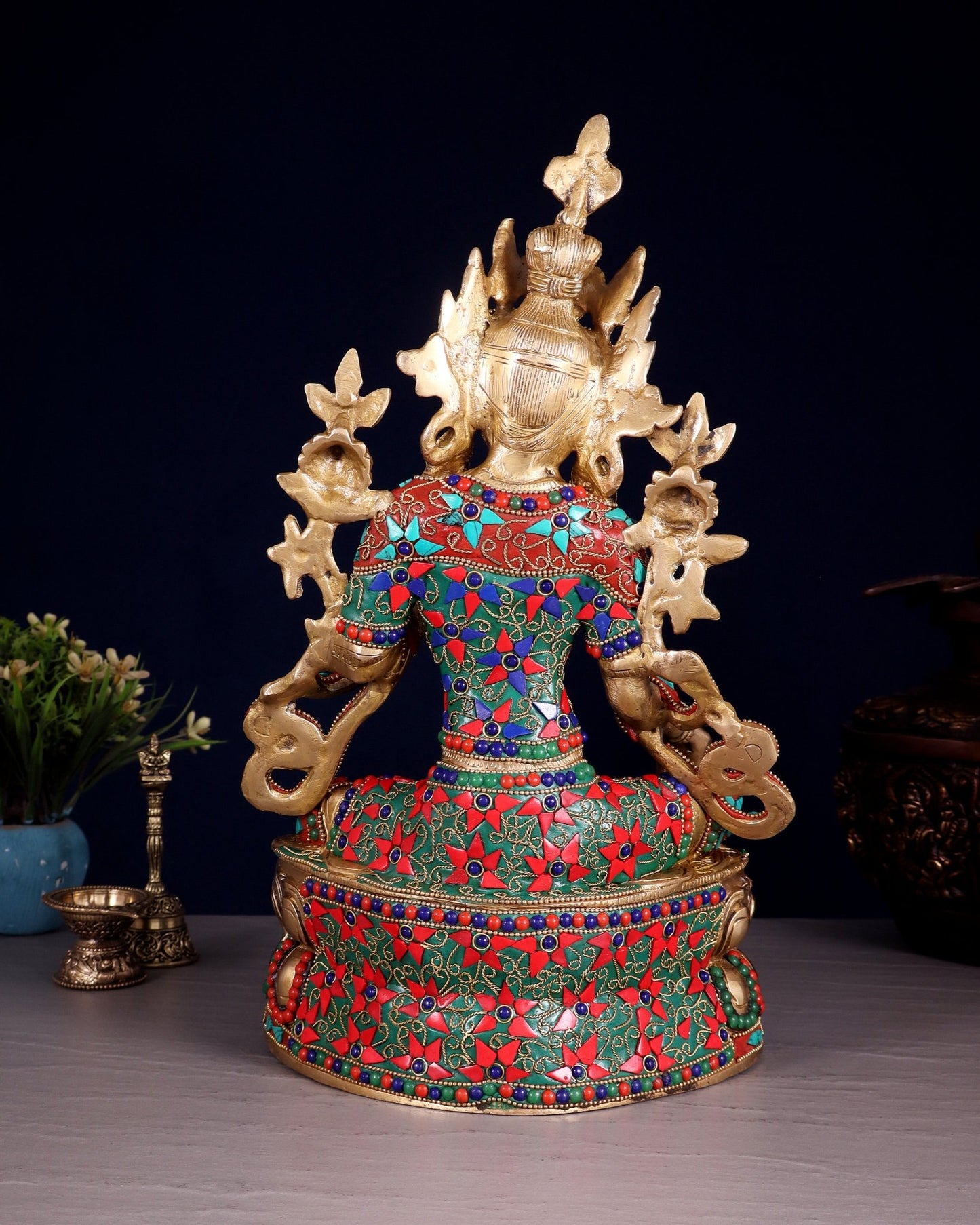 Pure Brass Green Tara Statue | 14" floral stonework - Budhshiv.com