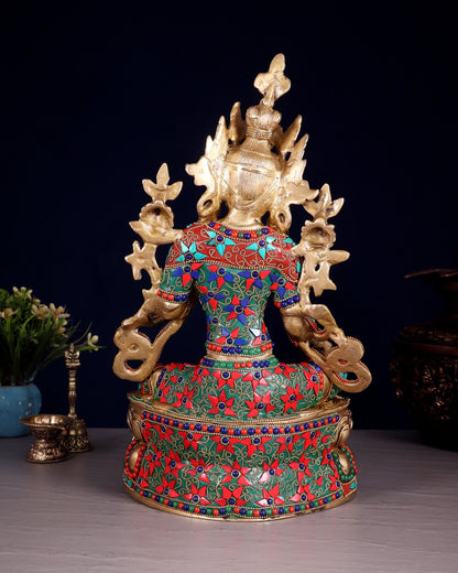 Pure Brass Green Tara Statue | 14" floral stonework - Budhshiv.com