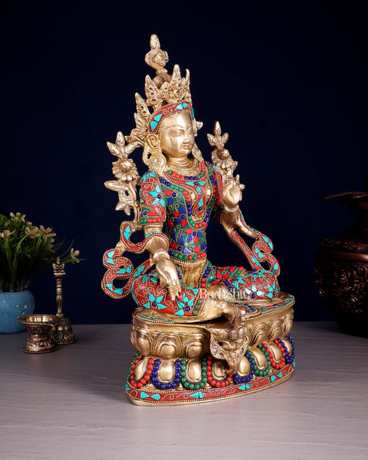 Pure Brass Green Tara Statue | 14" floral stonework - Budhshiv.com