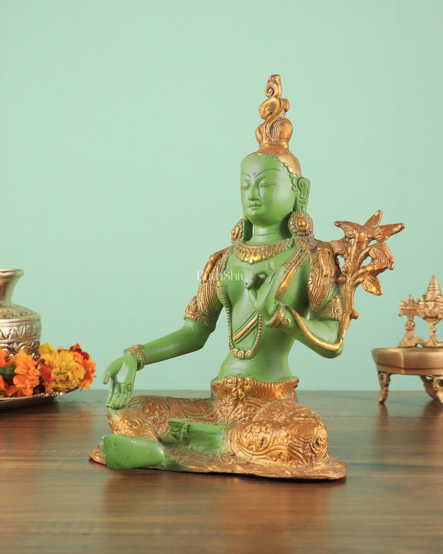 Pure Brass Green Tara Statue with Antique Sand Finish Henna Touch 10.5" - Budhshiv.com