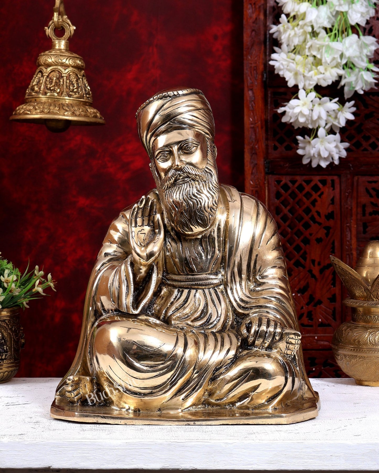 Pure Brass Guru Nanak Dev Ji Intricate Statue – Handcrafted, 13.5 inch glossy - Budhshiv.com