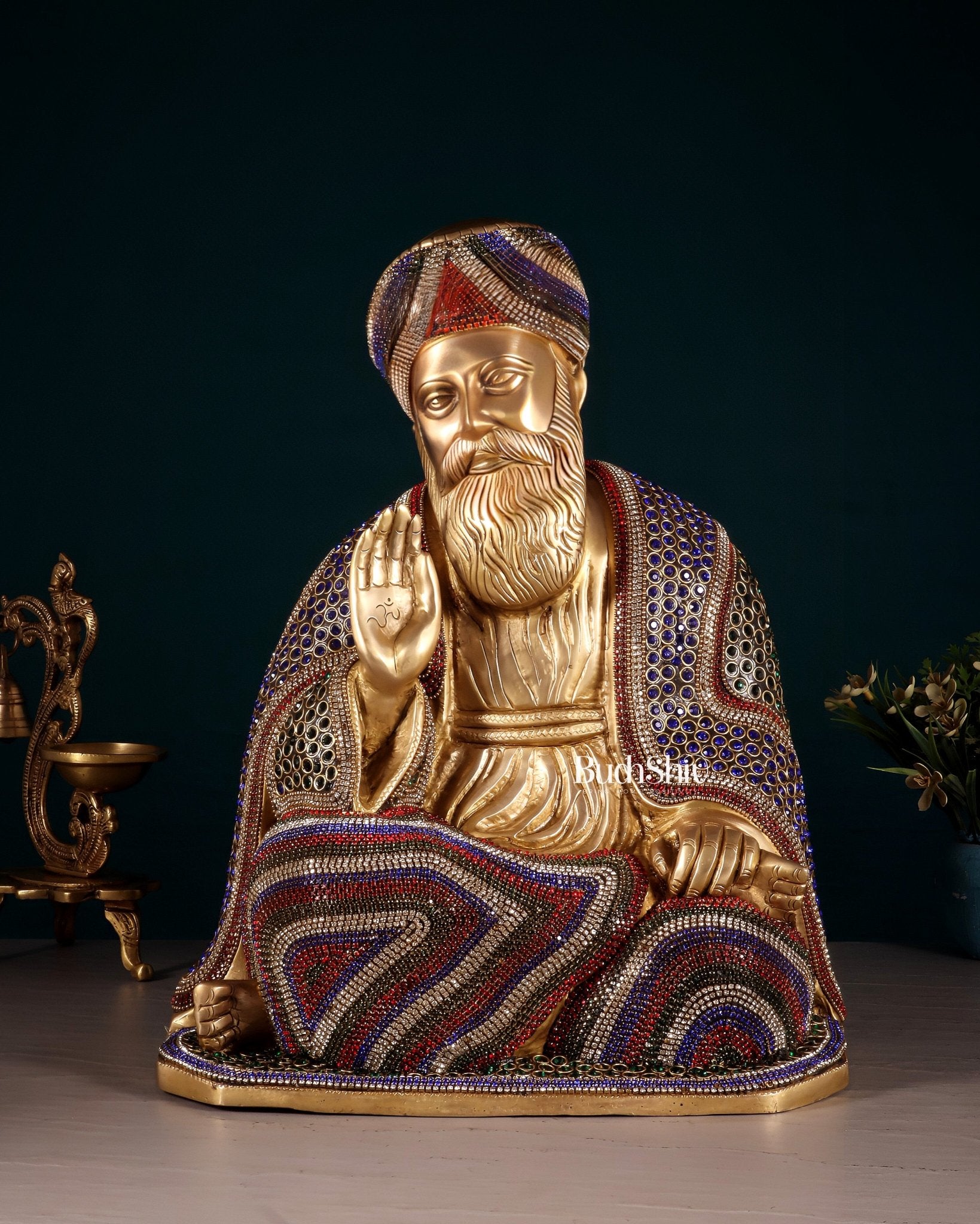 Pure Brass Guru Nanak Dev Ji Intricate Statue – Jeweled up, 13.5" - Budhshiv.com