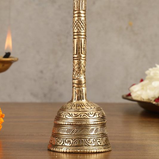 Pure Brass Hand Bell with Nandi - 7 in Height - Budhshiv.com