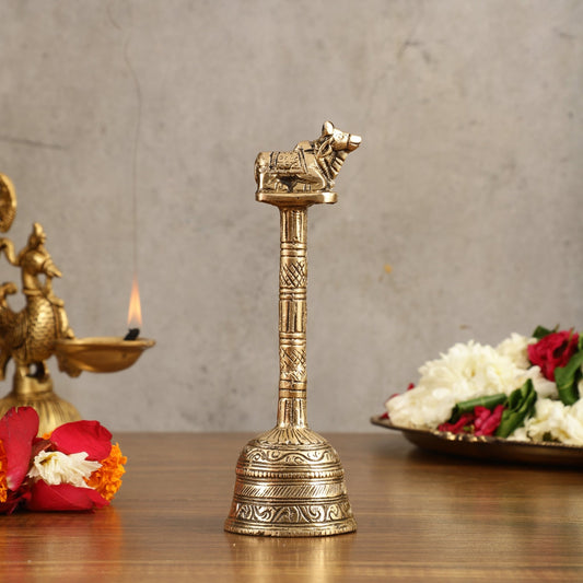 Pure Brass Hand Bell with Nandi - 7 in Height - Budhshiv.com