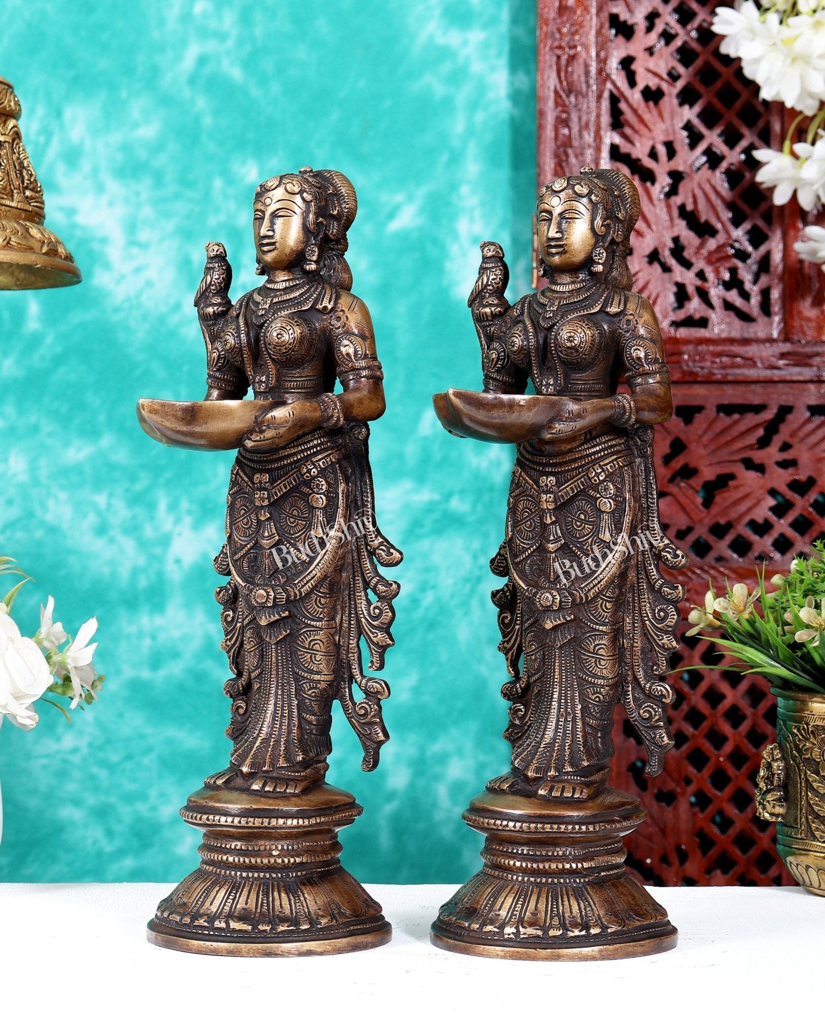Pure Brass Handcrafted Deep Lakshmi Antique Pavai Vilakku Pair 12 inch - Budhshiv.com