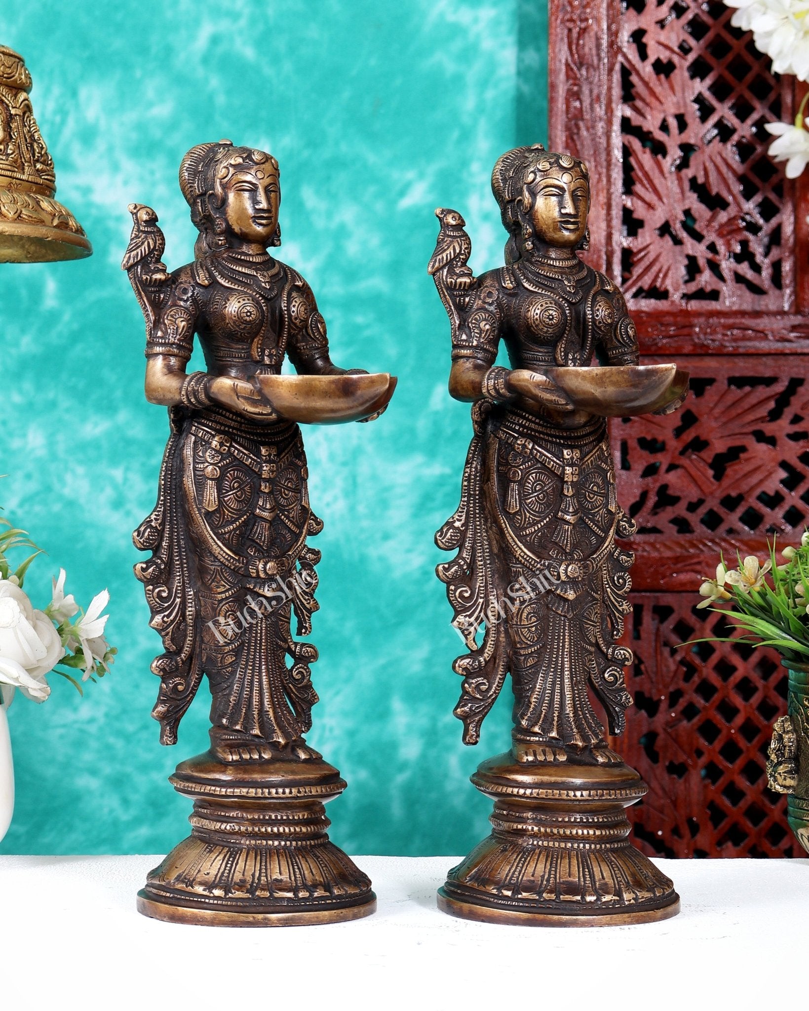 Pure Brass Handcrafted Deep Lakshmi Antique Pavai Vilakku Pair 12 inch - Budhshiv.com