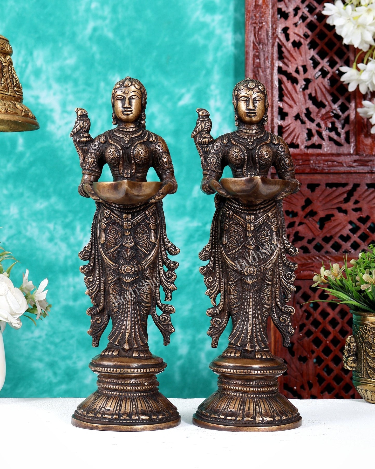 Pure Brass Handcrafted Deep Lakshmi Antique Pavai Vilakku Pair 12 inch - Budhshiv.com