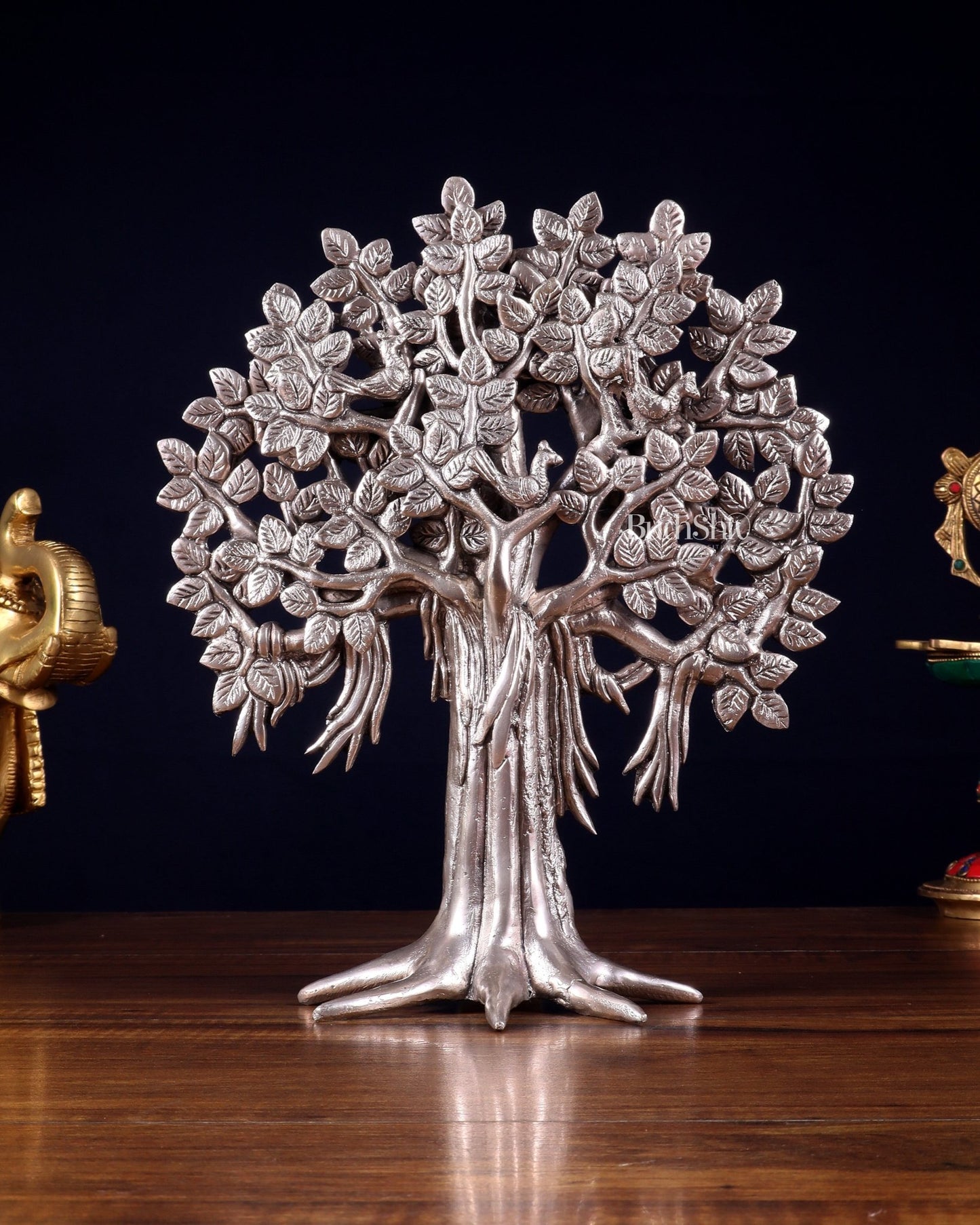 Pure Brass Handcrafted Kalpavriksha Tree - Table Standing - 11" silver plated - Budhshiv.com