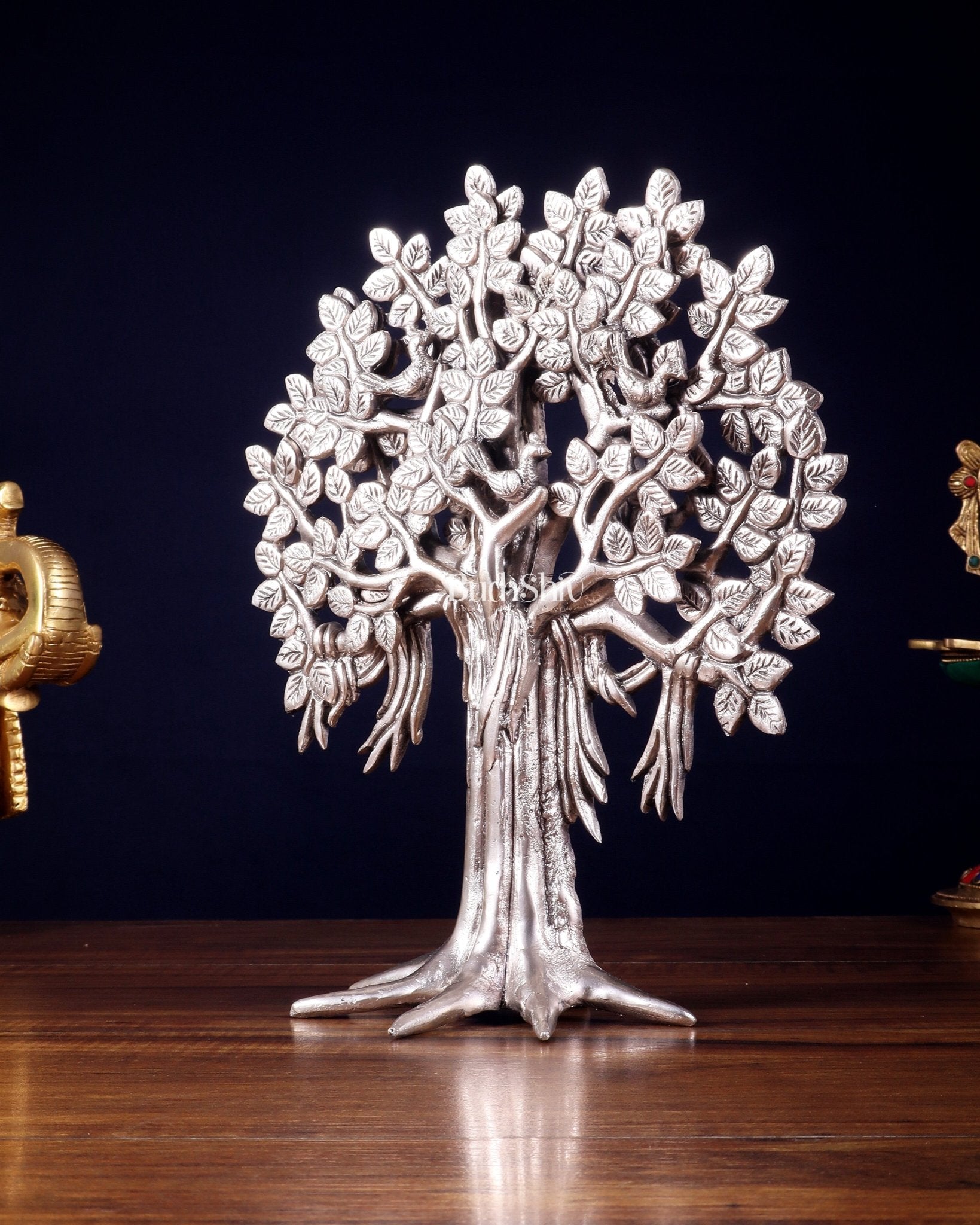 Pure Brass Handcrafted Kalpavriksha Tree - Table Standing - 11" silver plated - Budhshiv.com