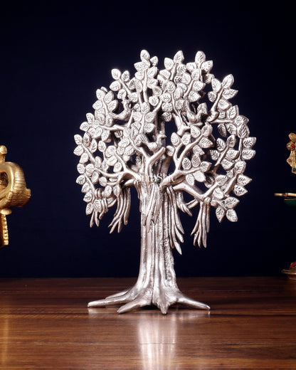 Pure Brass Handcrafted Kalpavriksha Tree - Table Standing - 11" silver plated - Budhshiv.com